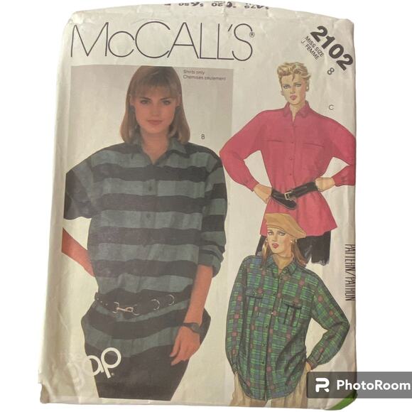 McCalls 2102 Pattern Top Miss 8 80s Button Up Collared Shirttail Hem Pocket - Picture 2 of 5